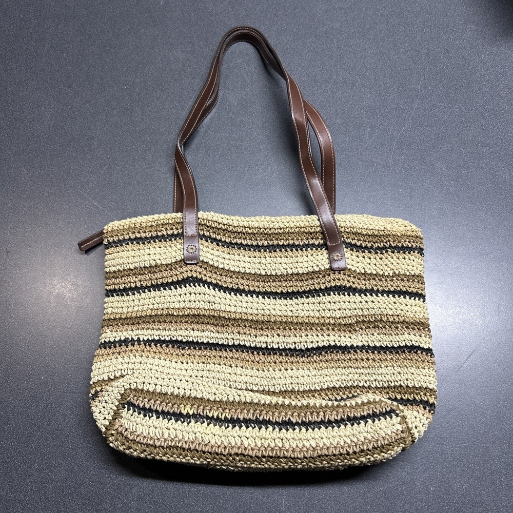 Striped Crochet Shoulder Bag Beige Tan Taupe Zip Closure Lined Natural Straw Y2K